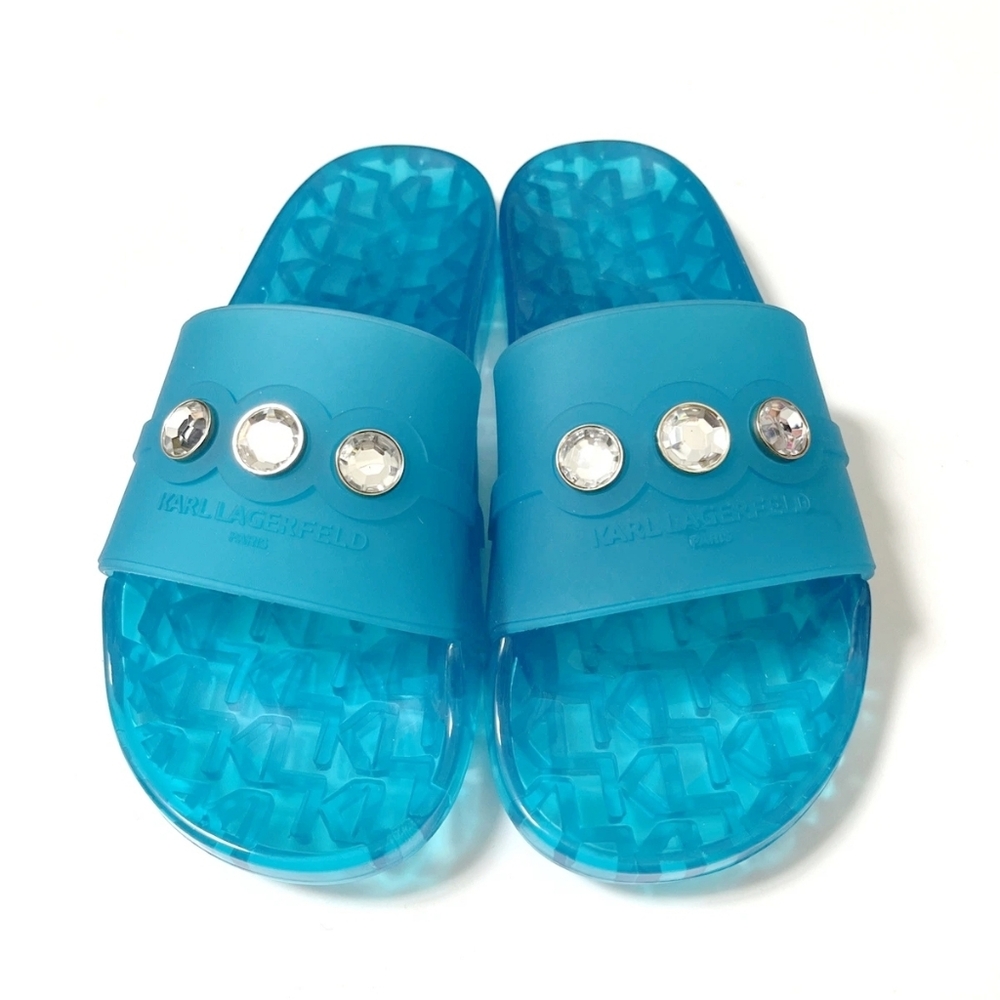 NEW Karl Lagerfeld Womens Toni Pool Electric Teal Jelly Gem Embellished Slides